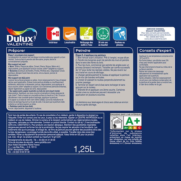 DULUX VALENTINE - Peinture Crème de Couleur - Blanc - 1,25L - large