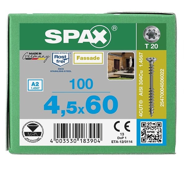 SPAX - 100 Vis Avec Filetage De Fixation 4,5x60 Spax Façade Inox A2 - Bois Résineux - large