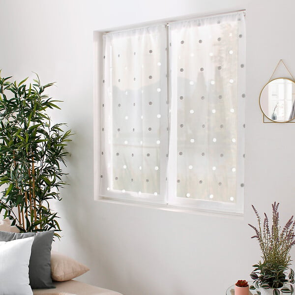 C MA DECO - Paire de voilages pois brodé finition droite 2x60x90cm blanc argent - large