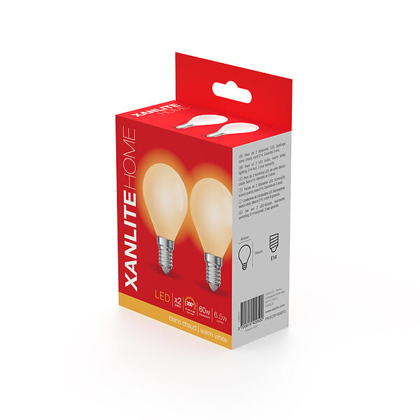 XANLITE - Lot de 2 ampoules LED, culot E14, puissance équivalente 60W, flux 806 lm, lumière blanc chaud 2700 K, usage intérieur, idéale chambre, salon et pièces à vivre - large