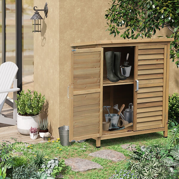 OUTSUNNY - Armoire de jardin abri jardin remise pour outils sur pied dim. 87L x 46l x 96H cm étagère portes persiennes toit bitumé bois sapin autoclave vert - large