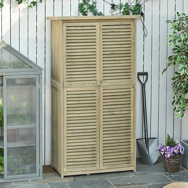 OUTSUNNY - Armoire de jardin abri jardin remise pour outils sur pied dim. 79L x 42l x 160H cm 2 étagères portes persiennes toit bitumé étanche bois pin autoclave gris - large