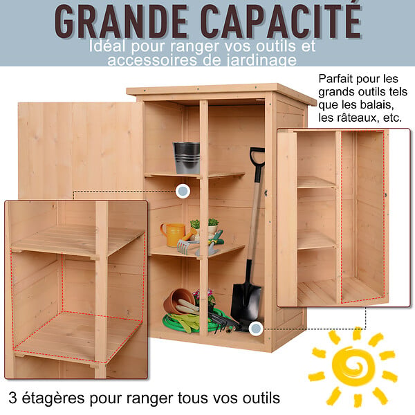 OUTSUNNY - Armoire abri de jardin remise pour outils - grande porte verrouillable loquet - 2 étagères - toit bitumé incliné bois de sapin pré-huilé - large