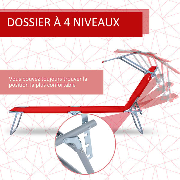 OUTSUNNY - Transat bain de soleil pliable grand confort dossier et pare-soleil réglable multi-positions rouge - large
