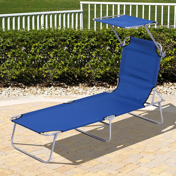 OUTSUNNY - Transat bain de soleil pliable grand confort dossier et pare-soleil réglable multi-positions bleu - large