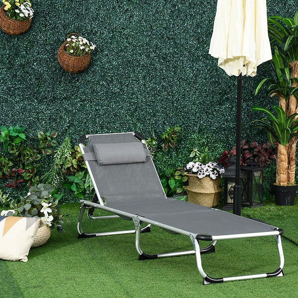 OUTSUNNY - Bain de soleil transat pliable grand confort dossier réglable multi-position tétière alu. textilène gris - large