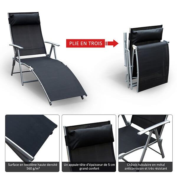 OUTSUNNY - Outsunny transat chaise longue bain de soleil pliable dossier inclinable multi-positions têtière fournie 137L x 64l x 101H cm métal époxy textilène noir - large