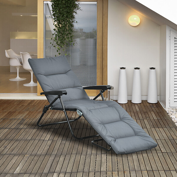 OUTSUNNY - Bain de soleil pliable transat inclinable 6 positions grand confort avec matelas + accoudoirs acier polyester gris - large