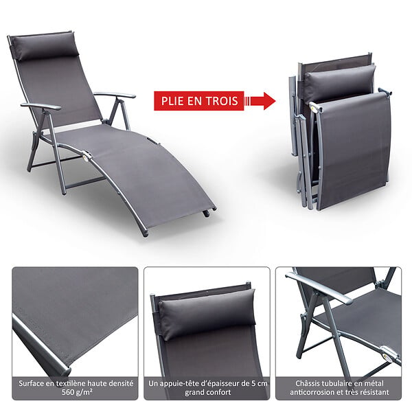 OUTSUNNY - Outsunny transat chaise longue bain de soleil pliable dossier inclinable multi-positions têtière fournie 137L x 64l x 101H cm métal époxy textilène gris - large