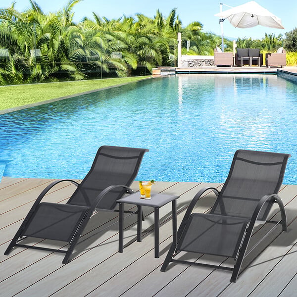 OUTSUNNY - Lot de 2 bains de soleil design contemporain table basse plateau verre trempé métal époxy textilène noir - large