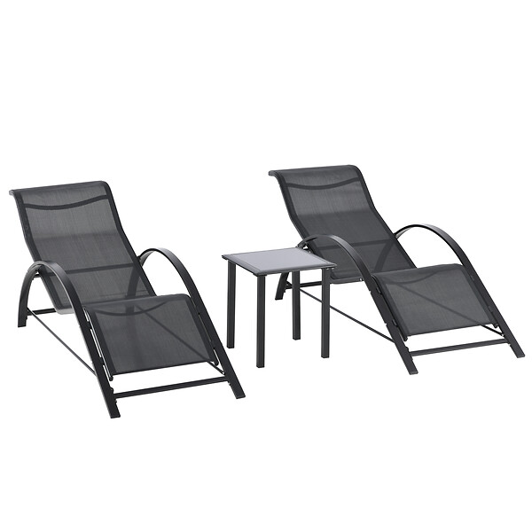 OUTSUNNY - Lot de 2 bains de soleil design contemporain table basse plateau verre trempé métal époxy textilène noir - large