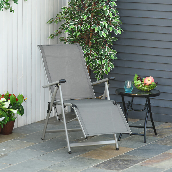OUTSUNNY - Chaise longue pliable dossier & repose-pied réglable multi-positions métal époxy textilène gris - large
