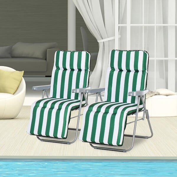 OUTSUNNY - Lot de 2 chaise longue bain de soleil adjustable pliable transat lit de jardin en acier vert + blanc - large
