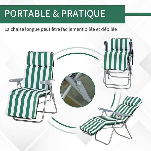 OUTSUNNY - Lot de 2 chaise longue bain de soleil adjustable pliable transat lit de jardin en acier vert + blanc - large