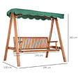 OUTSUNNY - Balancelle de jardin 3 places 2 tablettes support 1,95L x 1,3l x 1,85H m charge max. 360 Kg bois de pin vert - vignette