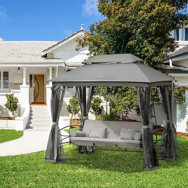 OUTSUNNY - Balancelle de jardin 3 places convertible style colonial grand confort 5 coussins + matelas + moustiquaires inclus 2,56L x 1,72l x 2,48H m gris - large