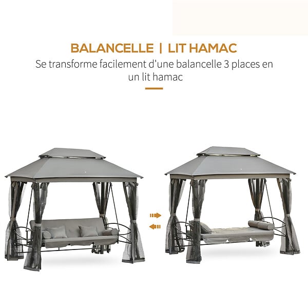 OUTSUNNY - Balancelle de jardin 3 places convertible style colonial grand confort 5 coussins + matelas + moustiquaires inclus 2,56L x 1,72l x 2,48H m gris - large