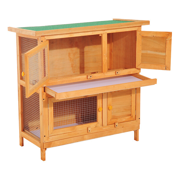 PAWHUT - Clapier à lapin cage à lapin double niveau plateaux coulissants 4 portes verrouillables toit ouvrant 90L x 45l x 90H cm - large