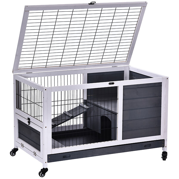 PAWHUT - Clapier à lapin sur roulettes cage à lapin 2 étages porte verrouillable toit ouvrant plateau coulissant rampe bois de sapin gris blanc - large