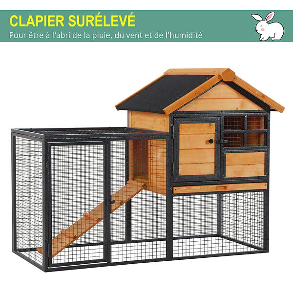 PAWHUT - Clapier cage à lapins cottage - niche supérieure avec rampe et enclos extérieur - plateau excrément, fenêtre, 2 portes verrouillables - métal époxy pin pré-huilé - large