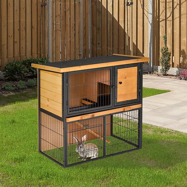 PAWHUT - Clapier à lapin cage à lapin 2 niveaux 3 portes verrouillables rampe toit ouvrant bitûmé métal époxy pin pré-huilé - large