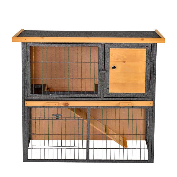 PAWHUT - Clapier à lapin cage à lapin 2 niveaux 3 portes verrouillables rampe toit ouvrant bitûmé métal époxy pin pré-huilé - large