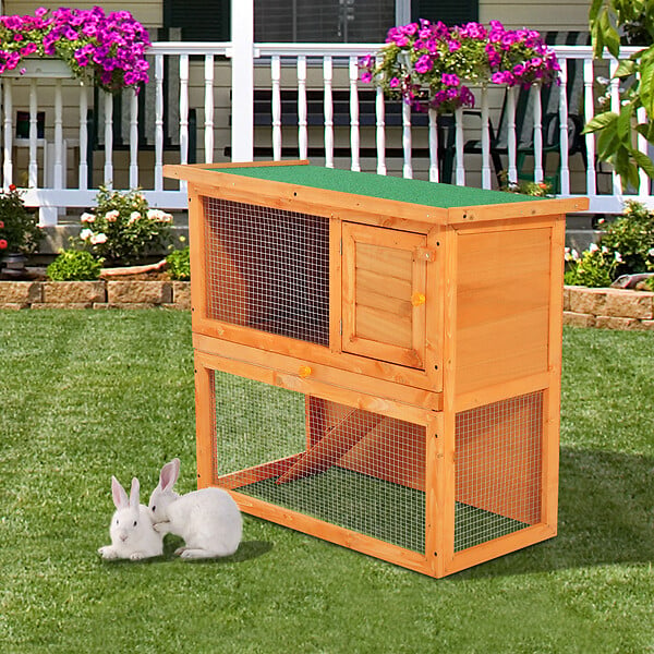 PAWHUT - Clapier à lapin cage à lapin 2 étages plateau coulissant rampe et toit ouvrant 90L x 45l x 80H cm - large