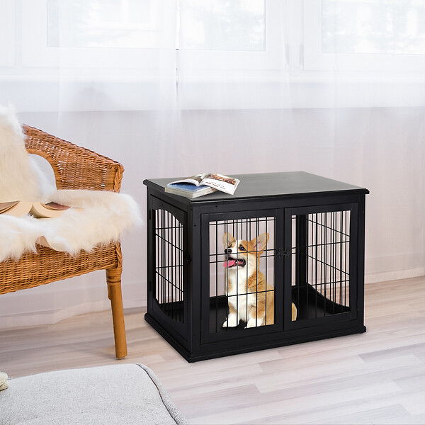 PAWHUT - Cage pour chien animaux cage en bois MDF classe E1 3 portes verrouillables max. 30 Kg dim. 81L x 58l x 66H cm noir - large