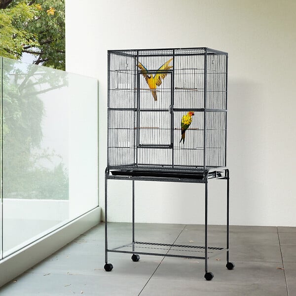PAWHUT - PawHut Cage à Oiseaux Portable avec 4 Mangeoires et 4 Perchoirs Pratique 81 x 48 x 163 cm Noir et Gris - large