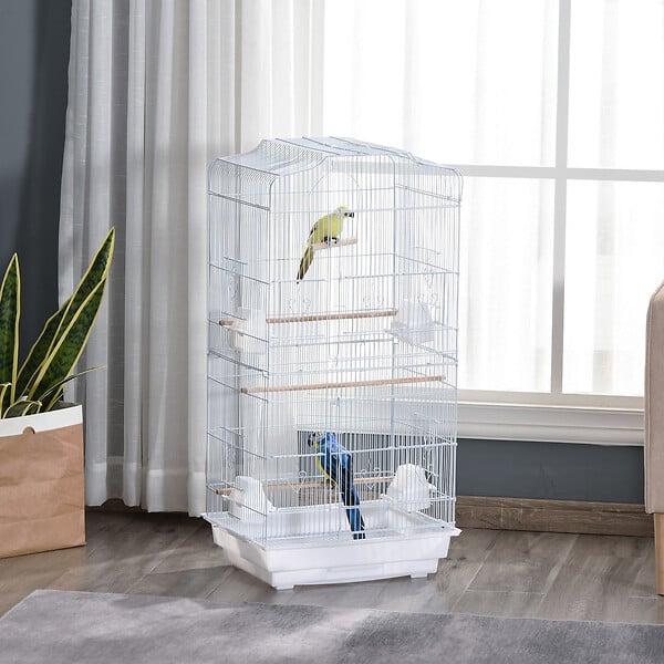 PAWHUT - Cage à oiseaux volière avec mangeoires perchoirs plateau amovible 2 portes dim. 46,5L x 35,5l x 92H cm métal blanc - large