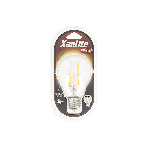 XANLITE - Ampoule filament LED A60 transparente, culot E27, équivalent 75W, 1055 lm, blanc chaud, 2700K, éclairage puissant et chaleureux, usage intérieur - large