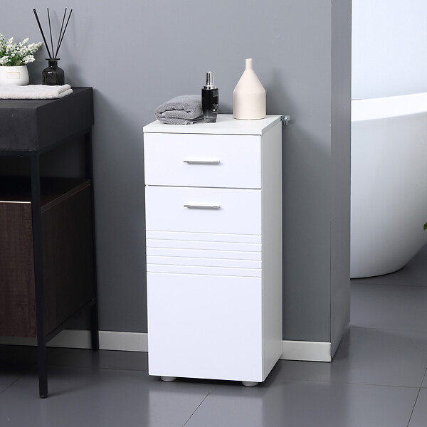 KLEANKIN - Meuble bas de salle de bain placard porte avec étagère tiroir coulissant panneaux particules blanc - large