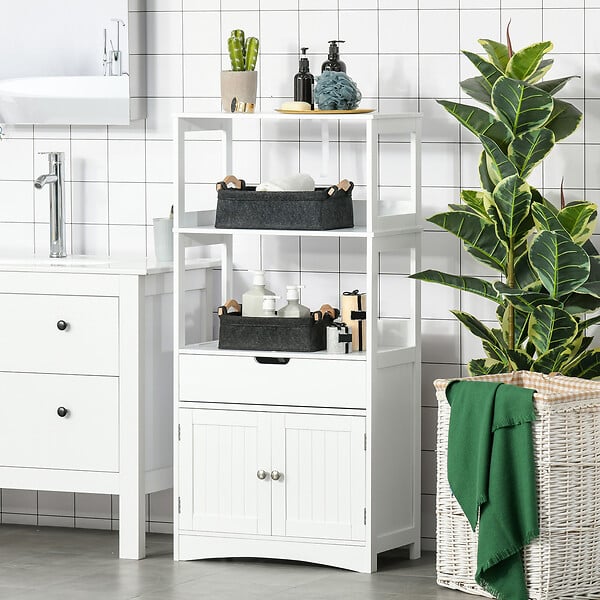 KLEANKIN - Meuble de rangement salle de bain - 2 portes, tiroir, 3 étagères - dim. 60L x 33l x 122H cm - MDF blanc - large