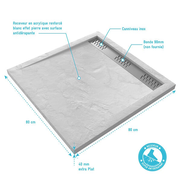 AURLANE - Receveur en acrylique Blanc Effet Pierre 80x80x4 cm - Grille Linéaire Chrome - MOON - large