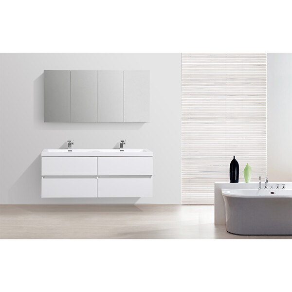 STANO - Armoire de toilette bloc-miroir SIENA largeur 144 cm blanc laqué - large