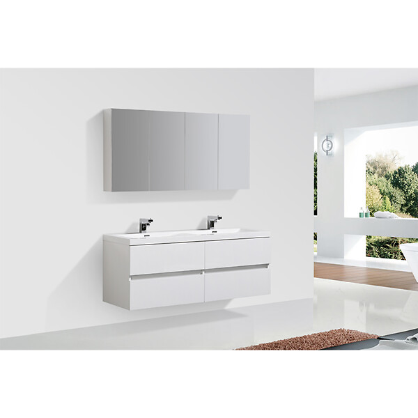 STANO - Armoire de toilette bloc-miroir SIENA largeur 144 cm blanc laqué - large