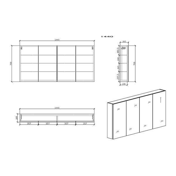 STANO - Armoire de toilette bloc-miroir SIENA largeur 144 cm blanc laqué - large