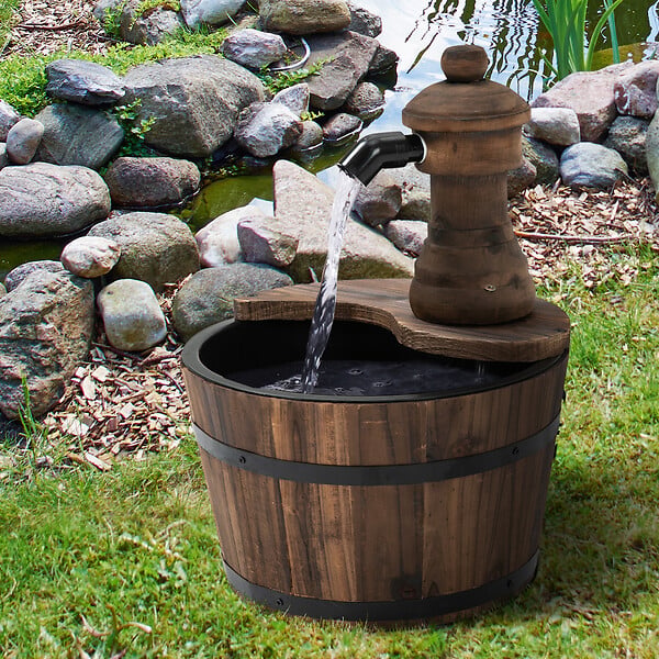 OUTSUNNY - Fontaine de jardin tonneau pompe à eau submersible incluse Ø 27 x 37H cm bois de pin marron - large
