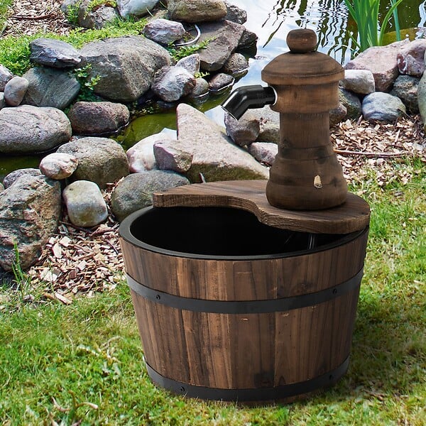 OUTSUNNY - Fontaine de jardin tonneau pompe à eau submersible incluse Ø 27 x 37H cm bois de pin marron - large