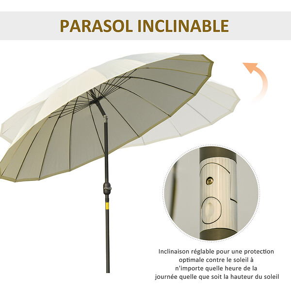 OUTSUNNY - Parasol inclinable rond avec manivelle métal fibre de verre Ø 2,55 m polyester haute densité beige - large