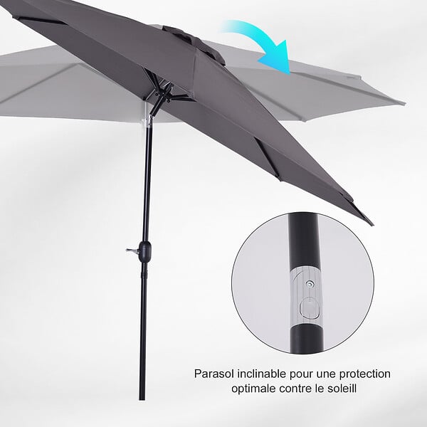 OUTSUNNY - Parasol en métal rond polyester 180g/m² manivelle inclinable Ø 2,95 x 2,5 m gris - large