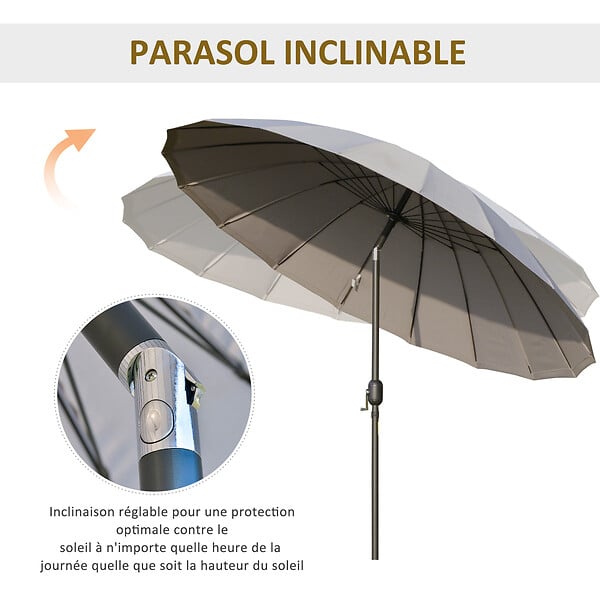 OUTSUNNY - Parasol inclinable rond avec manivelle métal fibre de verre Ø 2,55 m polyester haute densité gris - large