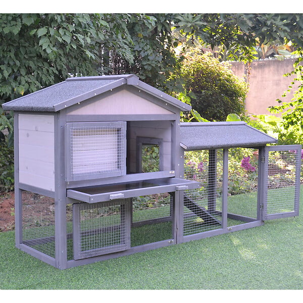 PAWHUT - Clapier cage à lapins rongeurs 2 niveaux 3 portes verrouillables tiroir à déjection toit intégral bitumé 147L x 54l x 84H cm bois massif pin gris blanc - large
