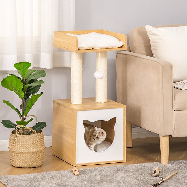 PAWHUT - Arbre à chat 2 griffoirs niche entrée tête de chat plateforme d'observation jouet suspendu coussins amovibles peluche grande douceur aspect bois clair - large