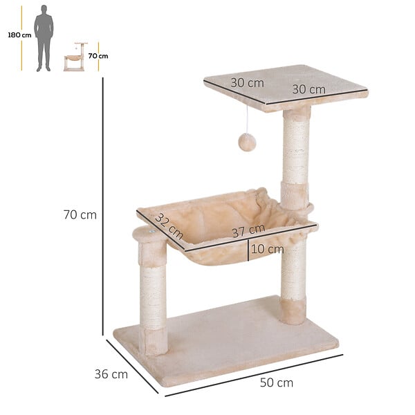 PAWHUT - Arbre à chat 3 griffoirs grattoirs sisal naturel plateforme hamac et boule suspendue dim. 50L x 36l x 70H cm peluche haute densité 220 g/m² beige - large