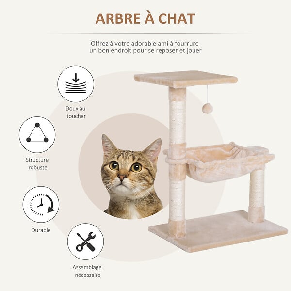 PAWHUT - Arbre à chat 3 griffoirs grattoirs sisal naturel plateforme hamac et boule suspendue dim. 50L x 36l x 70H cm peluche haute densité 220 g/m² beige - large