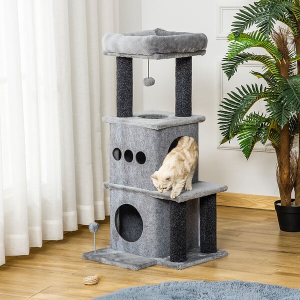 PAWHUT - Arbre à chat centre d'activités griffoirs jeu boule suspendue et à ressort 2 niches housses amovibles plateformes gris - large