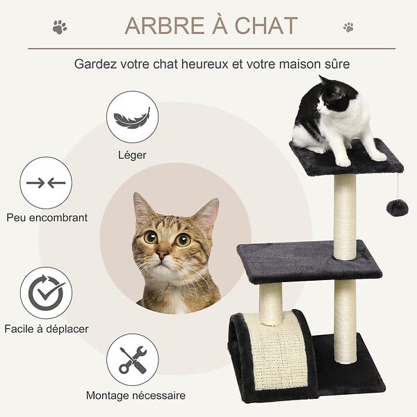 PAWHUT - Arbre à chat griffoir grattoir design jeu boule suspendue 2 plateformes peluche sisal naturel gris - large