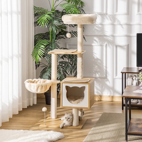 PAWHUT - Arbre à chat multi-équipement griffoirs grattoirs niche hamac panier coussins amovibles H126 cm peluche courte sisal naturel beige - large