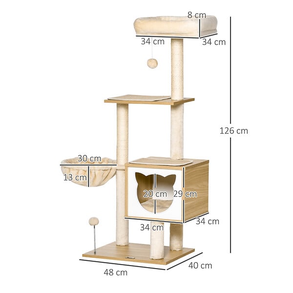 PAWHUT - Arbre à chat multi-équipement griffoirs grattoirs niche hamac panier coussins amovibles H126 cm peluche courte sisal naturel beige - large